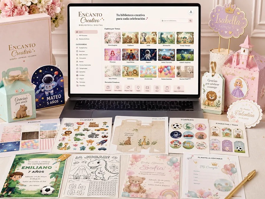 Biblioteca digital de recursos para festas e papelaria criativa Encanto Creativo
